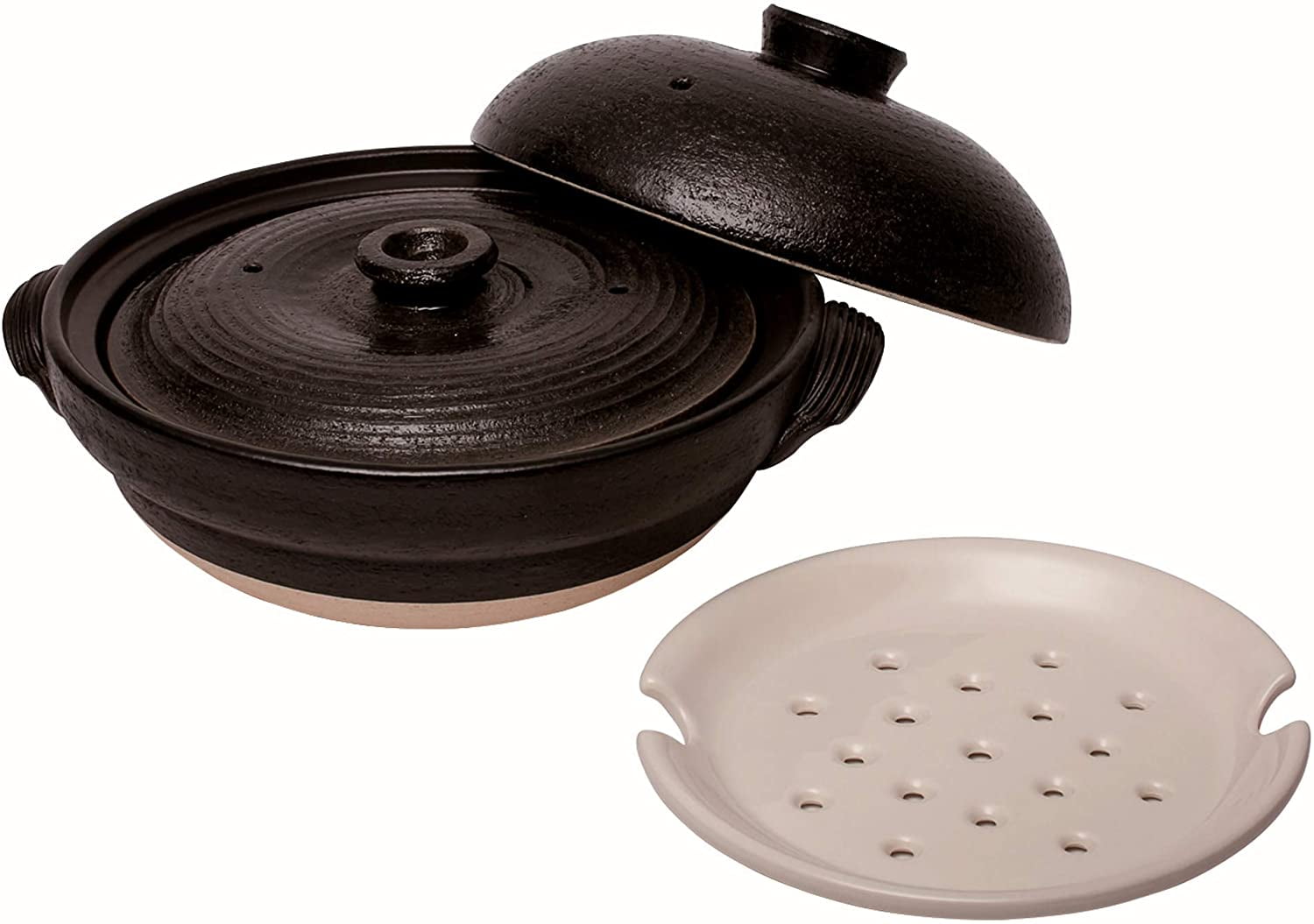 Set of Japanese Clay Pot Donabe, Outer Lid, Inner Lid and Steamer Tray ...