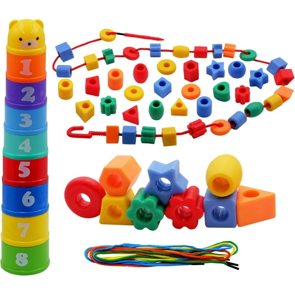 Set of Lacing Beads (50pcs) and Rainbow Colors Stacking Cups, Educational & Motor Skills Sorting & Nesting Toys Set of for Kids