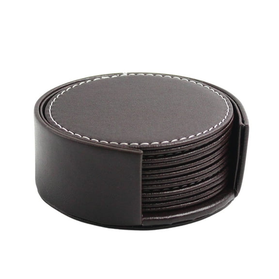 Set of Leather Drink Coasters Round Cup Mat Pad for Home and Kitchen Use-brown
