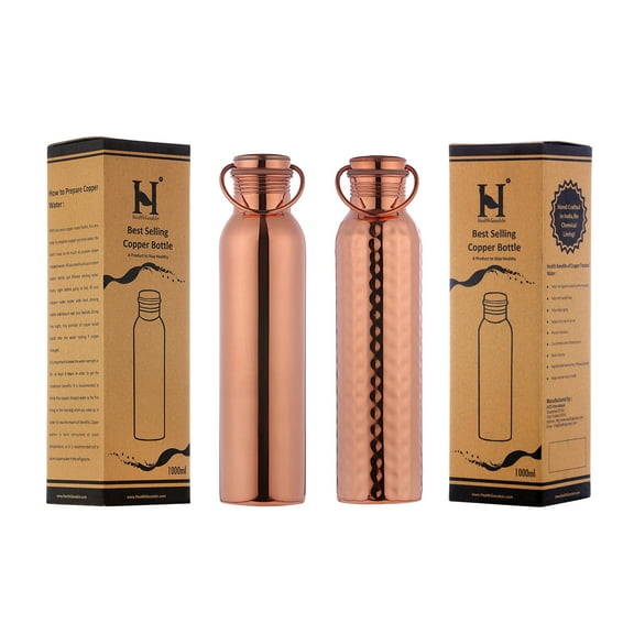 Set of Plain and Hammered Copper Water Bottle with Handle, 1000 Ml (33.81 Fl Oz) UNLINED, UNCOATED and LACQURED-FREE for Ayurveda Health Benefits