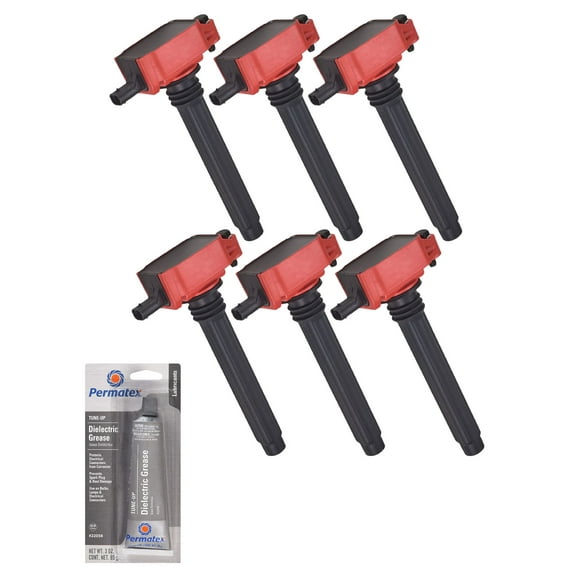 Set of Red Ignition Coils and Tune-Up Grease Compatible with 2011-2014 Dodge Durango 3.6L V6 3604cc 220ci Replacement for UF648