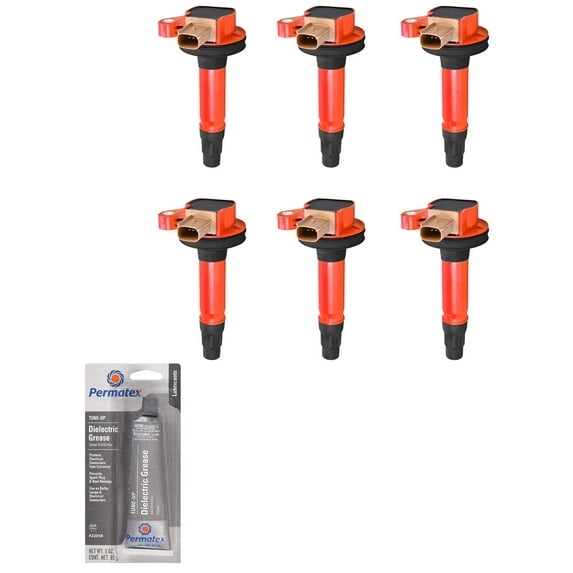 Set of Red Ignition Coils and Tune-Up Grease Compatible with 2014 Lincoln MKS 3.5L V6 3496cc 213ci Replacement for UF646