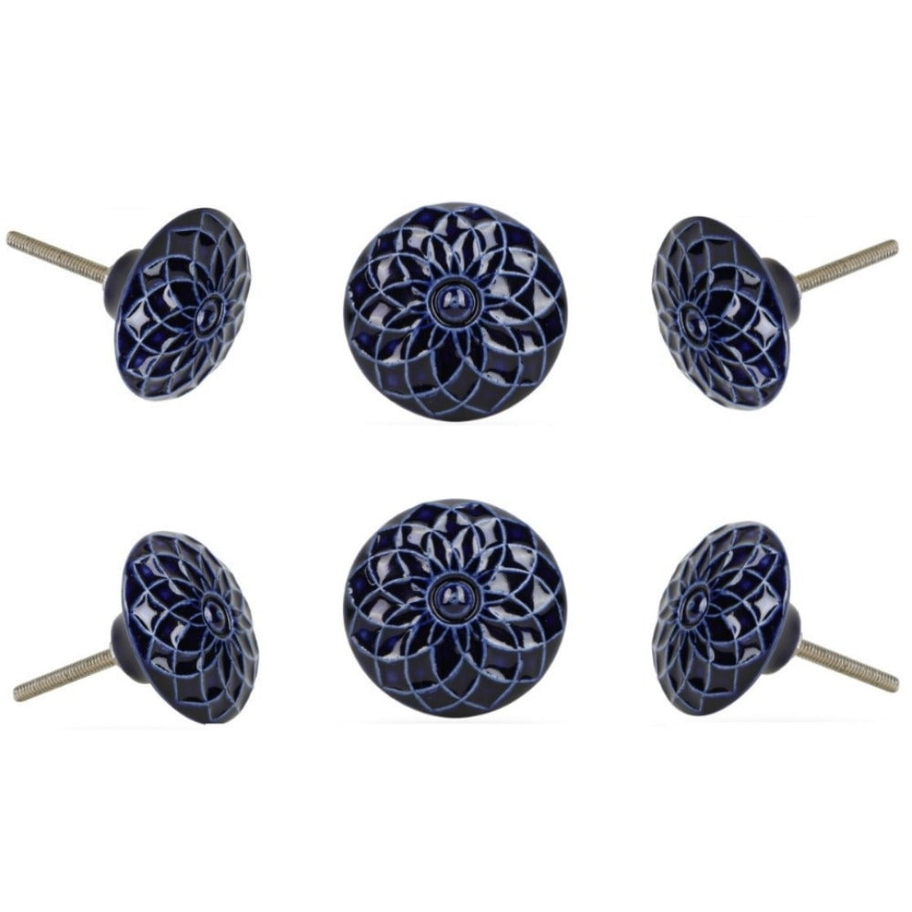 Set of Six Ceramic Beatriz Dark Blue Cabinet Knobs by Trinca-Ferro