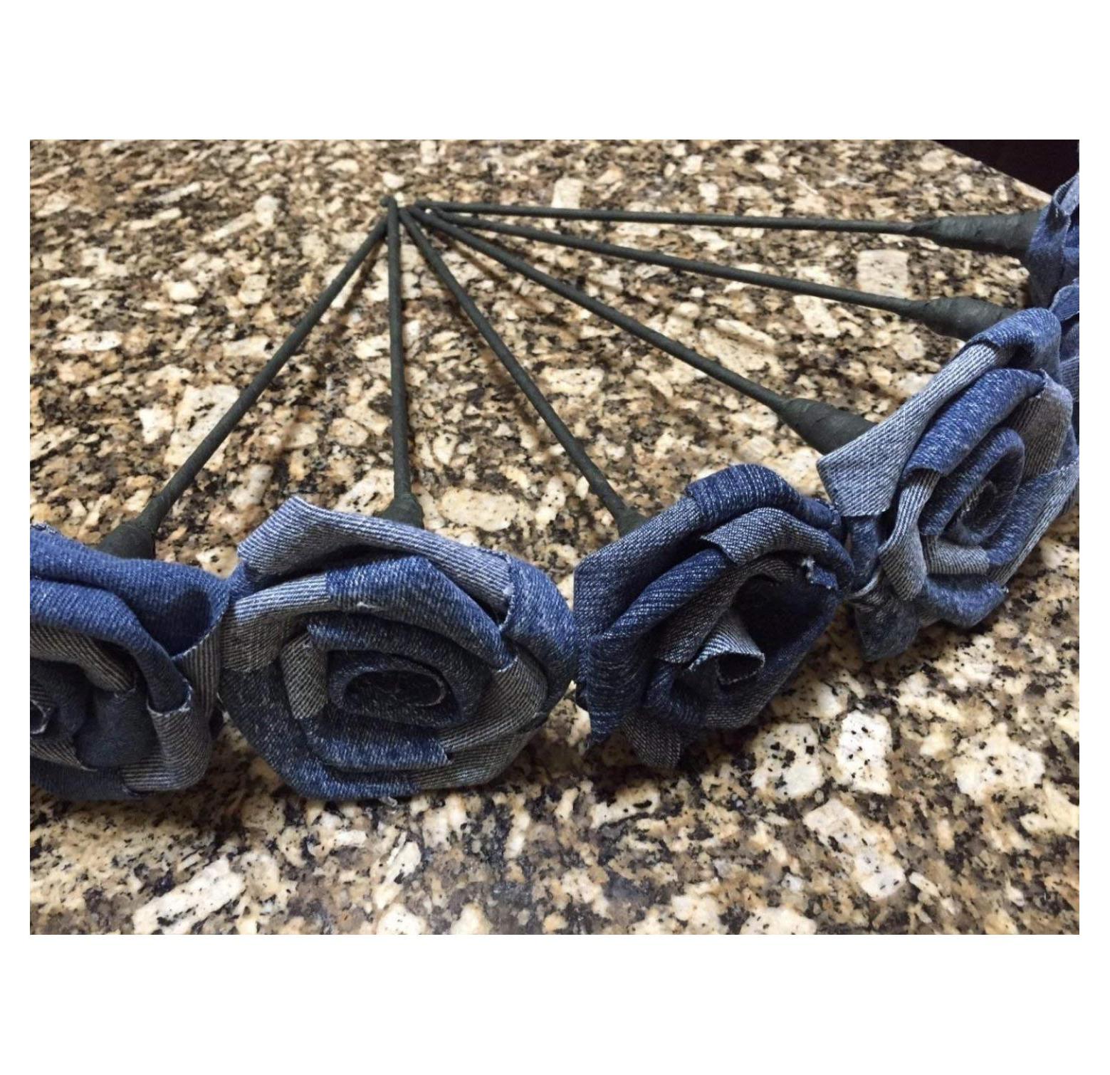 Set of Six Denim Long Stem Roses Western Wedding Outdoor Centerpiece