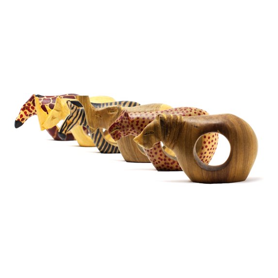Set of Six Mahogany Wood Animal Napkin Rings Jedando Handicrafts
