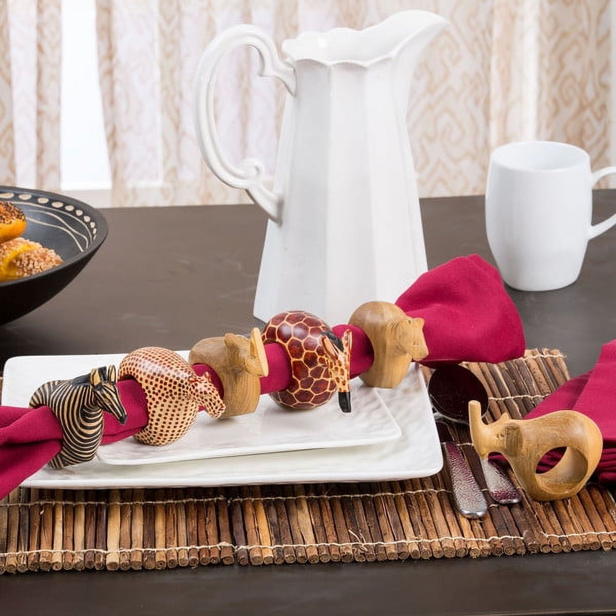 Set of Six Mahogany Wood Animal Napkin Rings