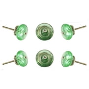 Set of Six Ribbed Round Green Glass Cabinet Knobs