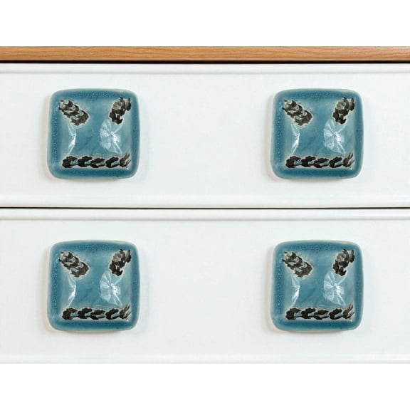 Set of Six Teal Square Knob Ceramic Drawer Pull Knobs