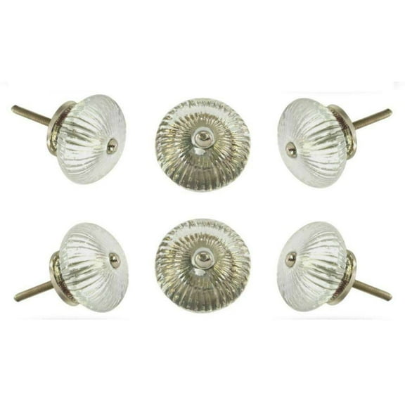 Set of Six ribbed round transperent glass cabinet Knobs
