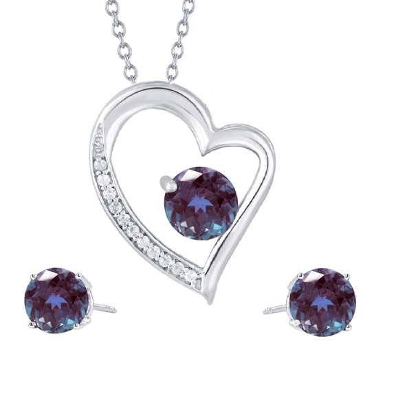 Set of Sterling Silver Stud Earring and Heart Pendant in Color Changing Alexandrite with 18" Chain