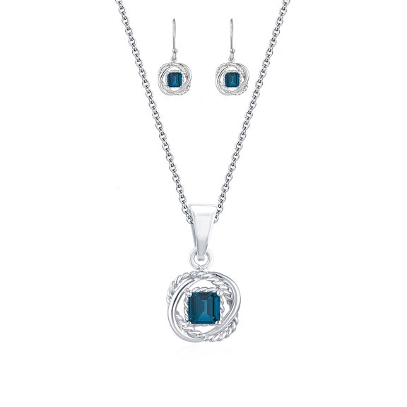 Set of Sterling Silver Twisted Wire Pendant and Earring Natural London Blue Topaz with 18"Chain