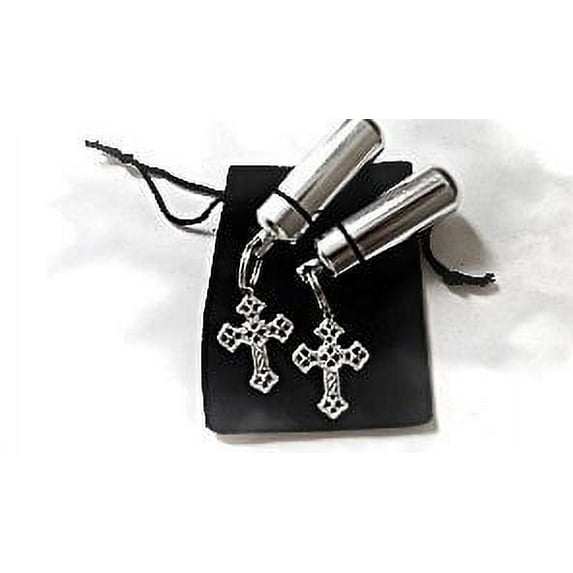 Set of TWO Silver Filigree Cross Anointing Oil or Holy Water Vial Holder Keychains with Velvet Pouches and Pipettes