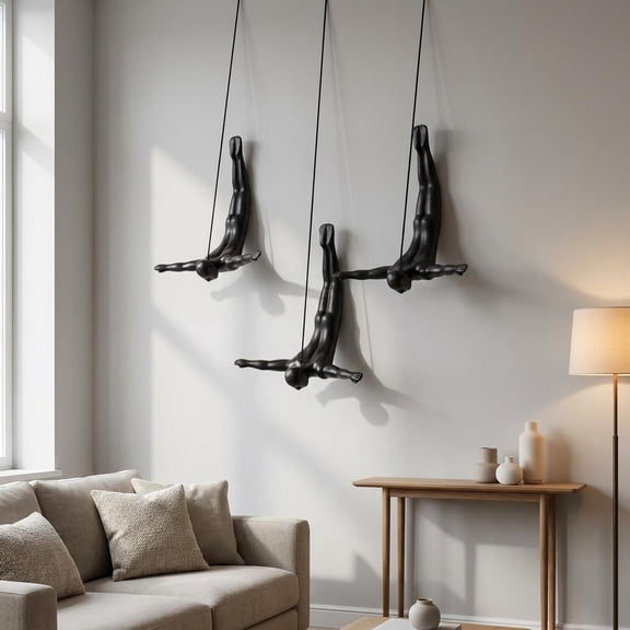 Set of Three Black Resin Diving Man Hanging Dimensional Sculpture