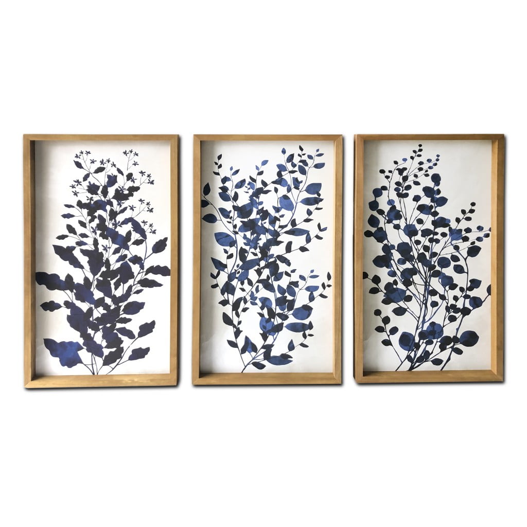 Blue Branches Natural Wood Framed Canvas Wall Art Set