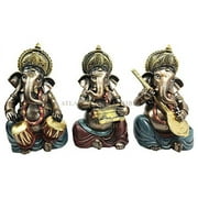 Set of Three Celebration of Life Lord Ganesha Playing Musical Instruments Hindu Elephant God Deity Figurine Eastern Enlightenment Collectible Decor