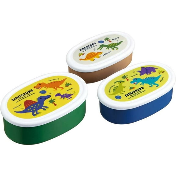 Set of Three Compact Children's Lunch (Bento) Boxes with a Cute Dinosaur Theme from Japan