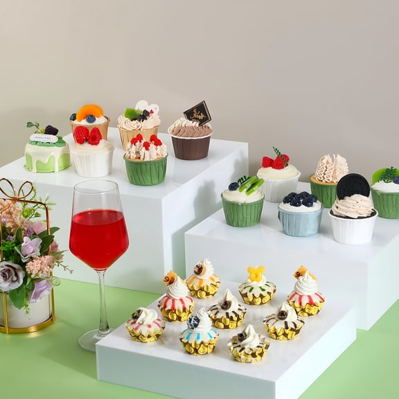 Set of Three Large Acrylic Square Display Risers with Cutout Bases, Stackable for Elevated Food and Collectible Presentation at Events and Home