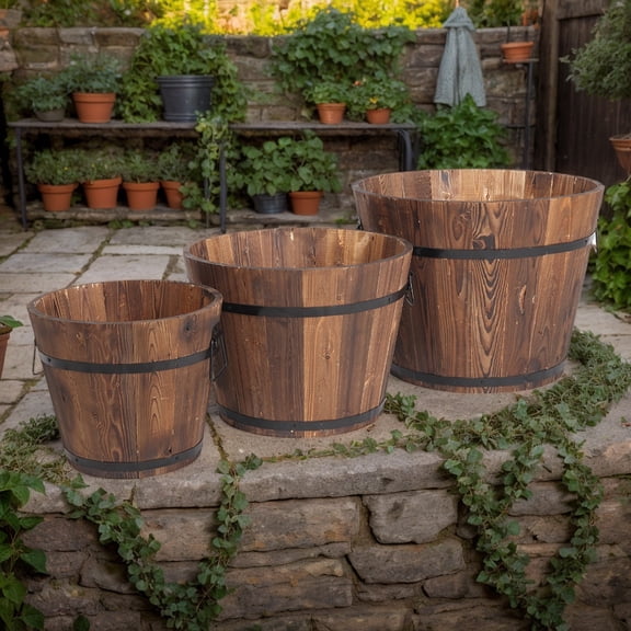 Set of Three Outdoor Pots, Made from Reinforced and Anticorrosive Wood, Durable Design for Long-Lasting Garden Plant Display