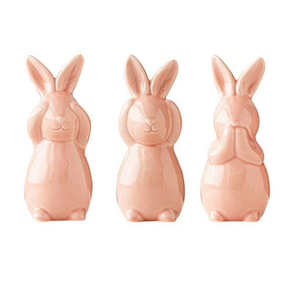 Set of Three Spring Easter Bunny Figurines Decoration - Ceramic Easter Bunny, Hear No Evil See No Evil Say No Evil, Rabbit Figurine Set(Pink)