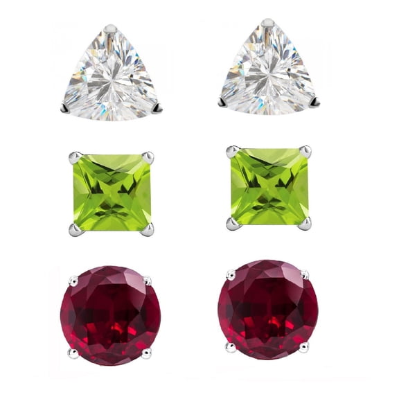 Set of Three Sterling Silver with White Topaz, Peridot and Ruby Stud Earrings