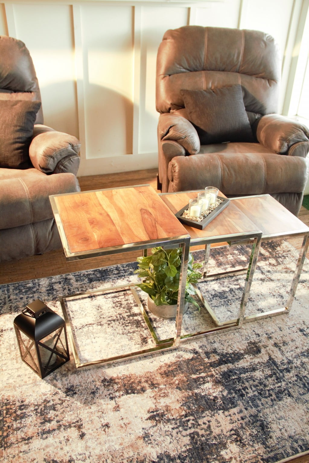 Compact Gold and Mango Wood C-Shaped Nesting End Tables Set