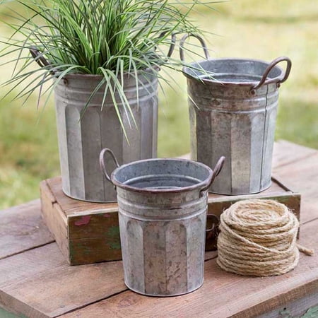 Set of Three Tall Garden Pails with Handles Country Rustic Yard Decor Flower Planters