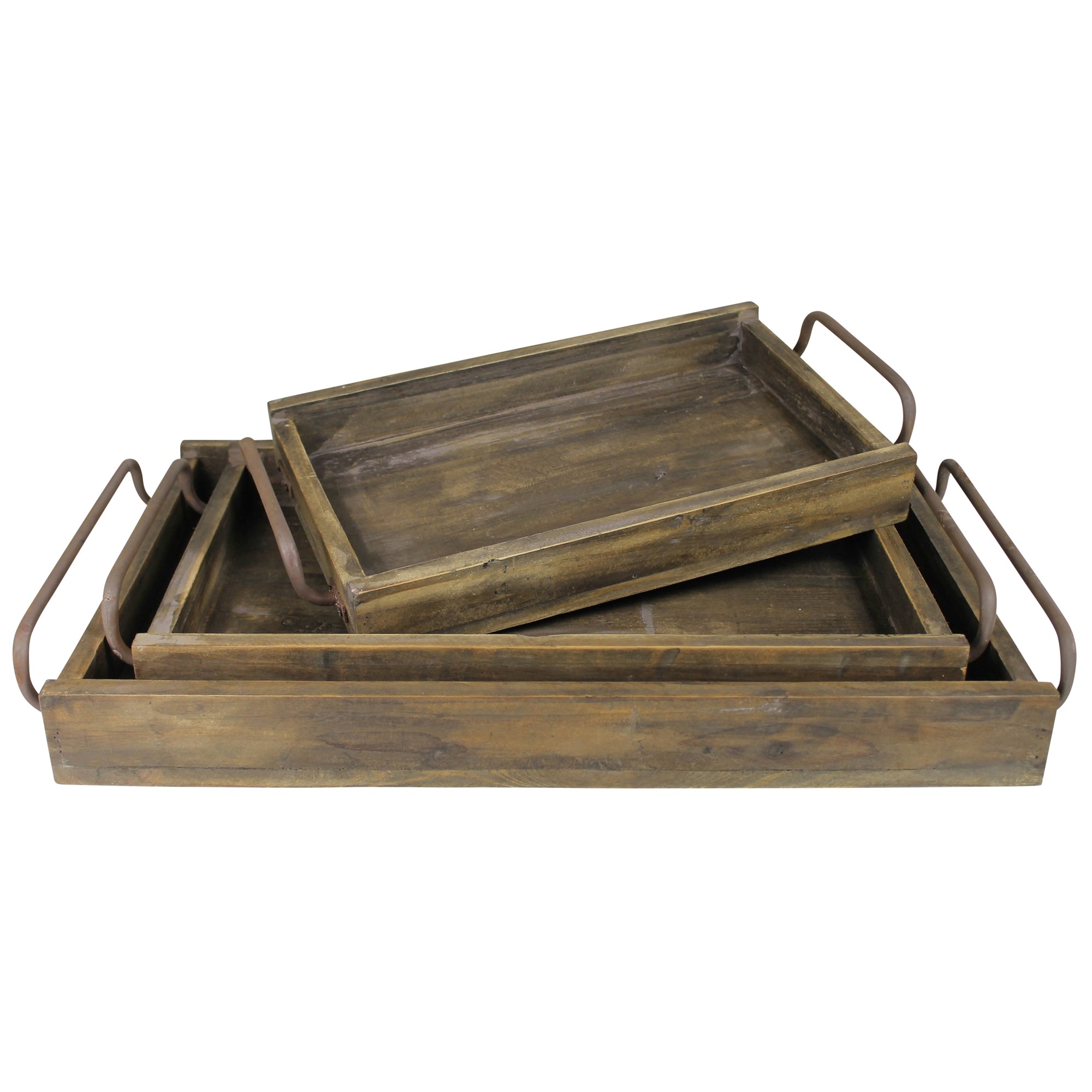 Set of Three Dark Brown Wooden Trays with Metal Handles