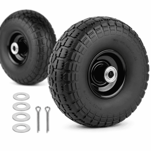 Set of Two 10-Inch Solid Wheelbarrow Tires Rubber Wheels - Replacement Flat-Free Tire Size 3.50-4" with 5/8" Bearings And a 2.2" Offset Hub PU Material (650G)