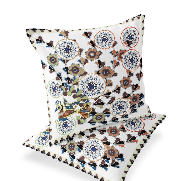 Set of Two 16" X 16" Blue and Off White Peacock Blown Seam Floral Indoor Outdoor Throw Pillow