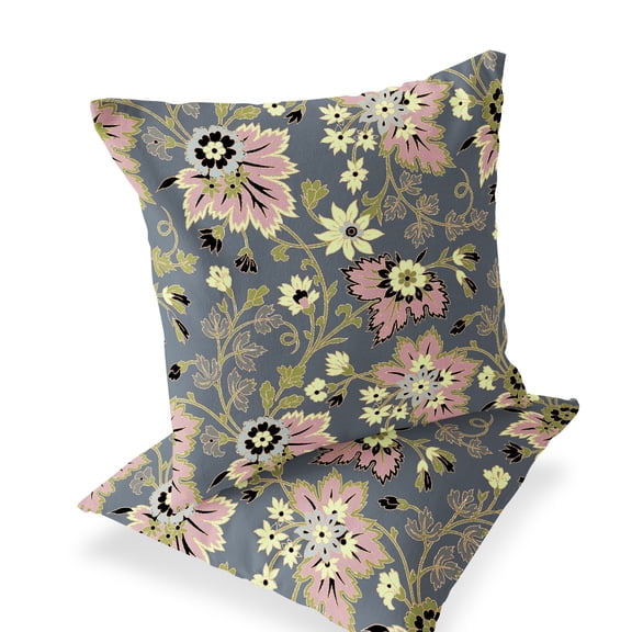 Set of Two 16" X 16" Gray and Pink Blown Seam Floral Indoor Outdoor Throw Pillow