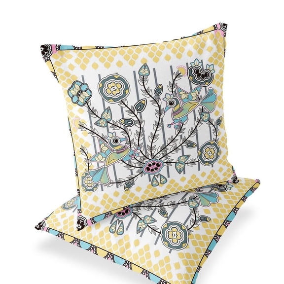 Set of Two 16" X 16" Yellow and White Peacock Blown Seam Floral Indoor Outdoor Throw Pillow
