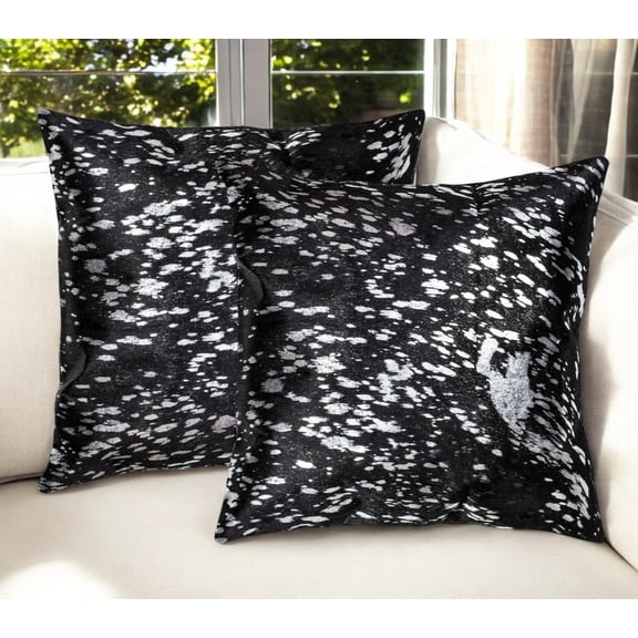 Set of Two 18" Black and Silver Abstract Cowhide Throw Pillows with Glitter