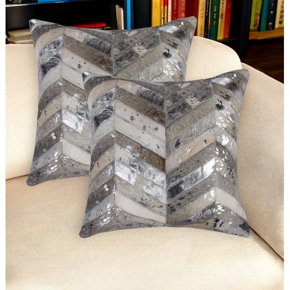 Set of Two 18" Gray Brown And Silver Chevron Cowhide Throw Pillows