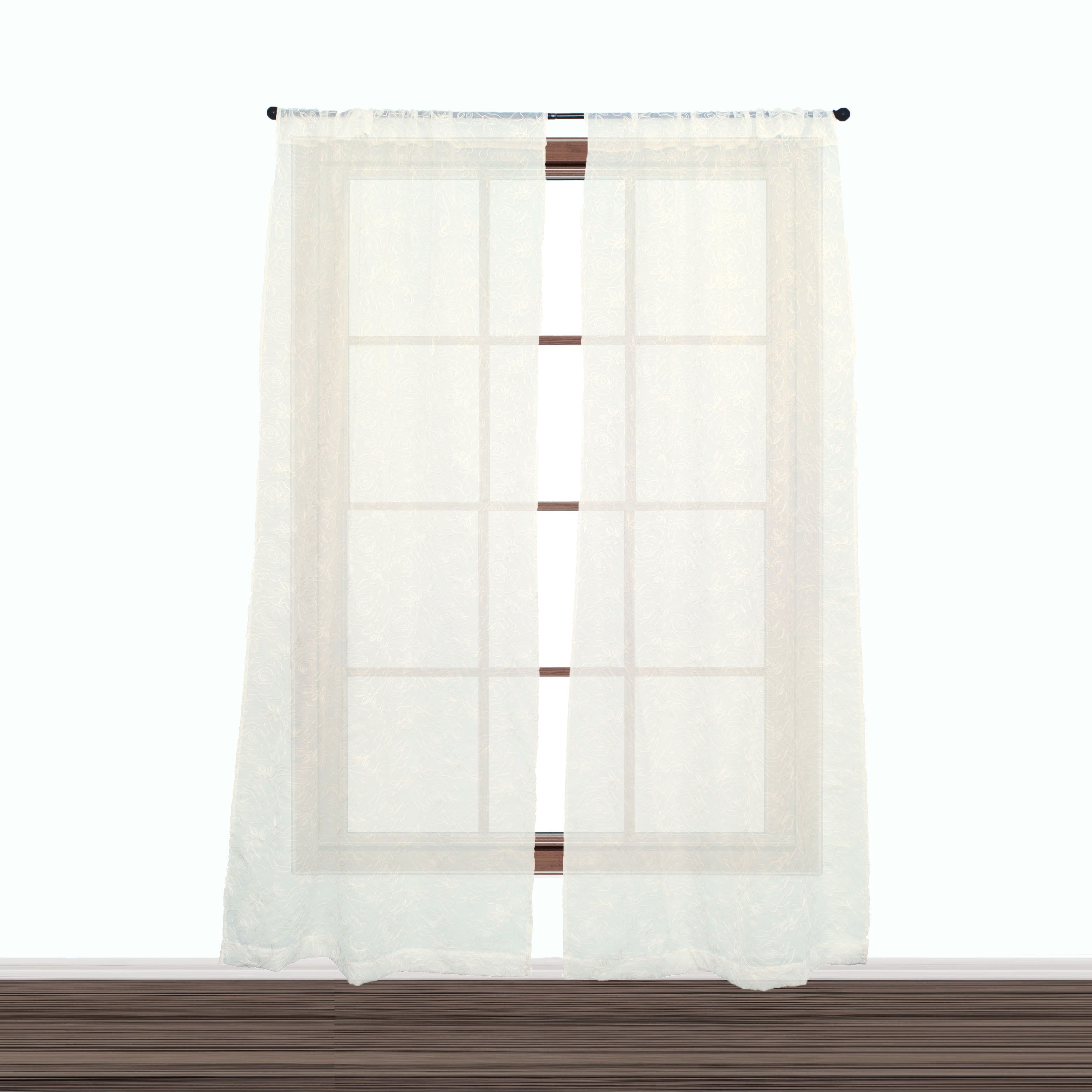 Set of Two (2) Off-White Embroidered Floral Pole Top Window Curtains for Living Room, Dining Room & Bedroom 84 Inch Long
