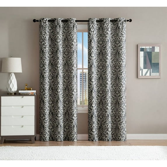 Set of Two (2) Window Curtain Panels: Scroll Design, 76"W x 84"L (Gray and Ivory)