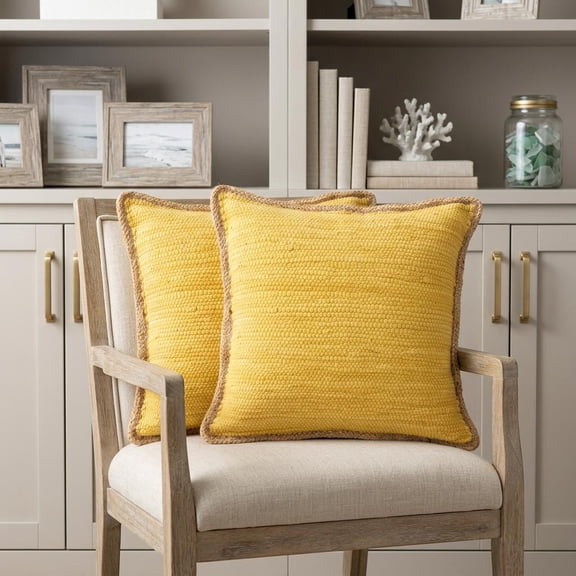 Set of Two 20" Yellow Cotton And Jute Throw Pillows with Texture