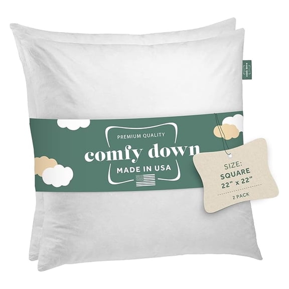 Set of Two 22X22 Decorative Throw Pillow Insert, Down and Fill, 100% Cotton Cover 233 Thread Count, Square Pillow Insert - Made in USA