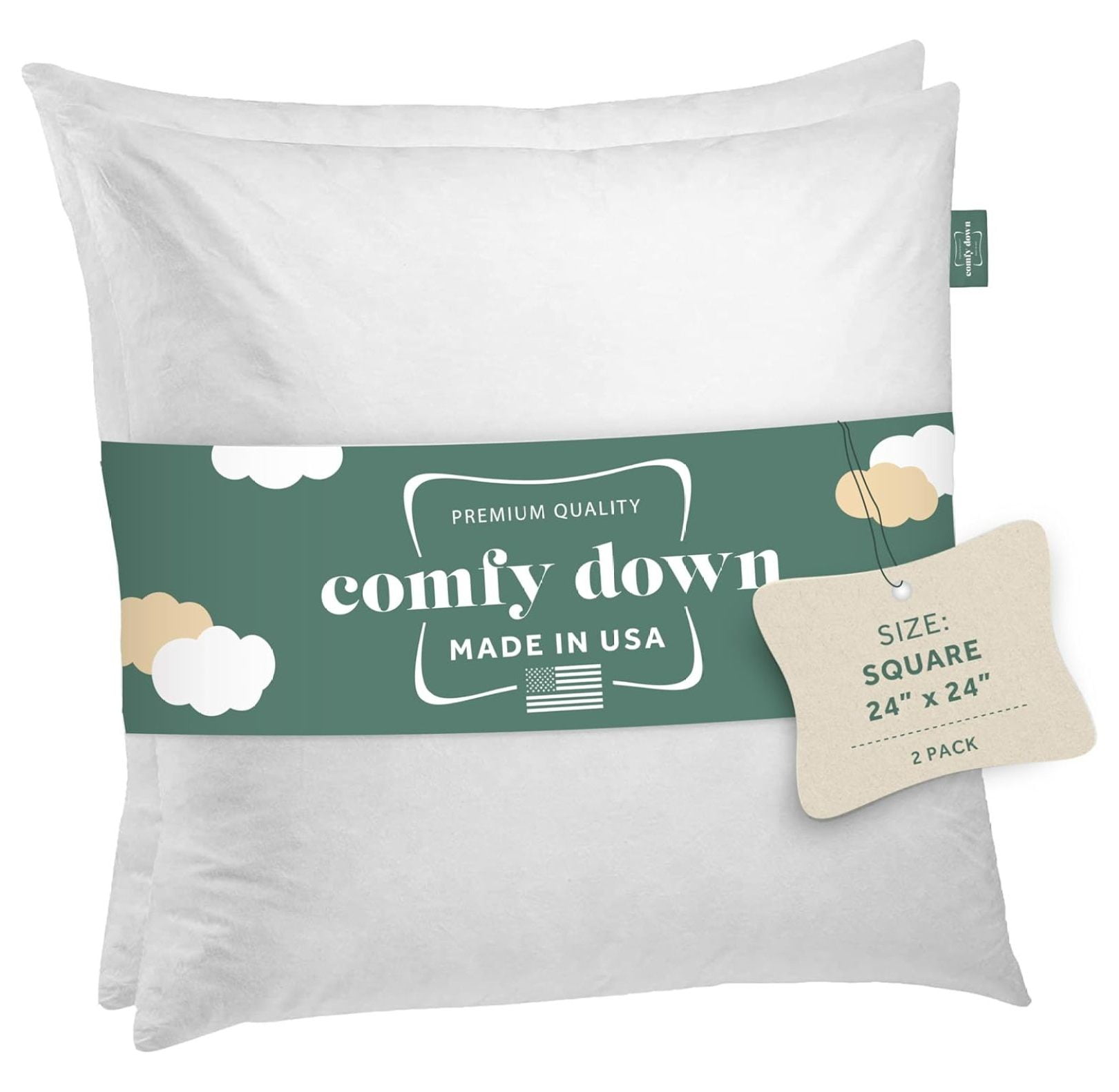 Set of Two 24" White Cotton Down Feather Throw Pillows