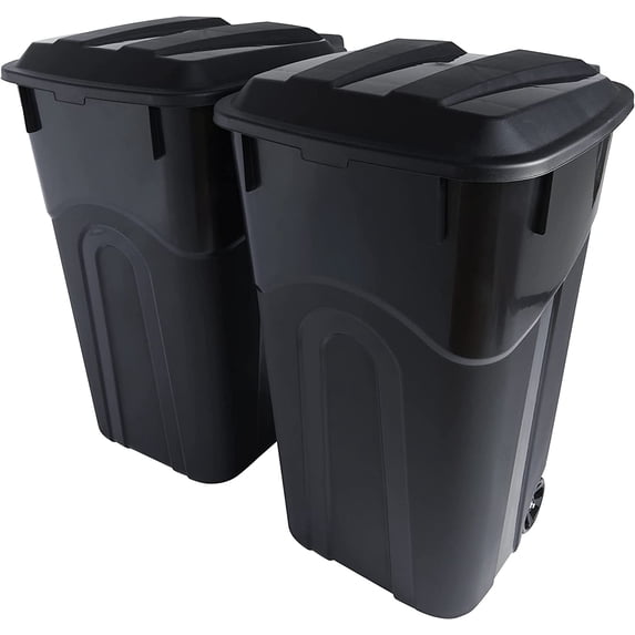 Set of Two 32 Gallon Outdoor Garbage Cans with Wheeled Base, Snap Lock Lid, and Durable Handles - Ideal for Backyards, Decks, and Garages