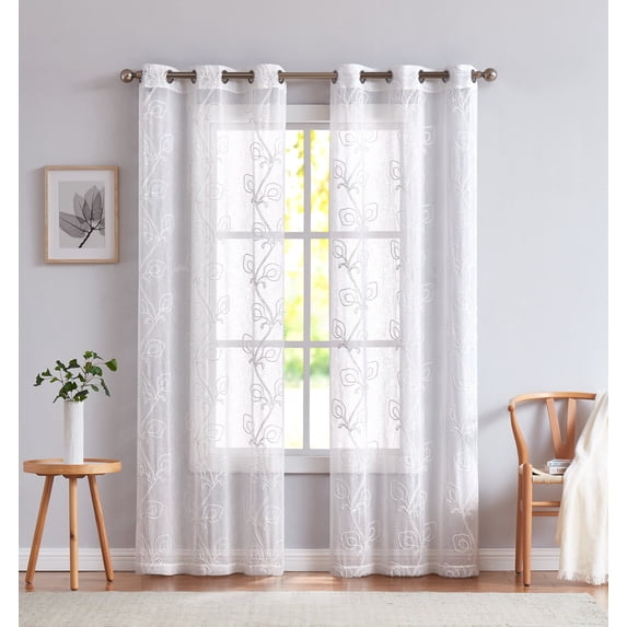 Set of Two 84" White Boho Embroidered Window Panels