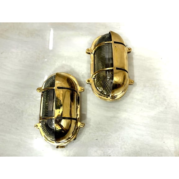 Set of Two Antique Brass Oval Bulkhead Cover Lights | IP64 Waterproof Nautical Wall Lamps