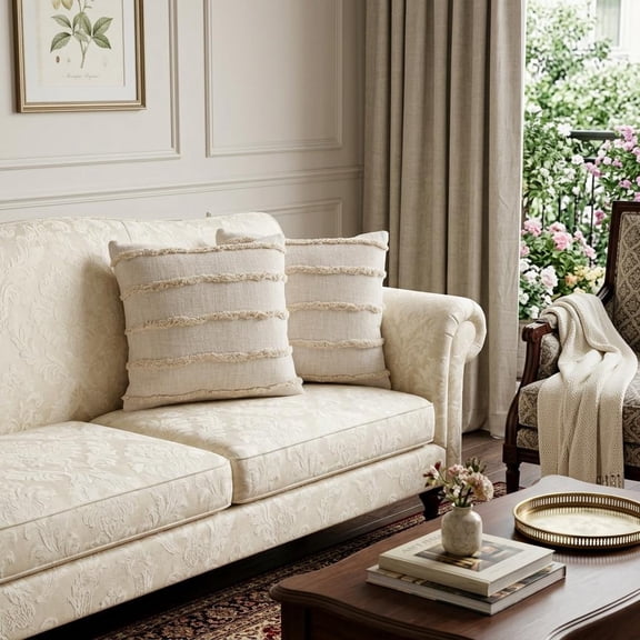Set of Two Beige Ribbed Cotton Throw Pillow With Fringe