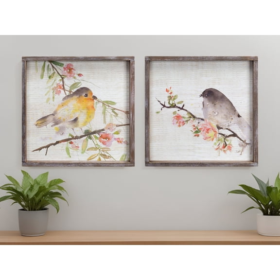 Set of Two Brown Bird Wood Square Framed Art