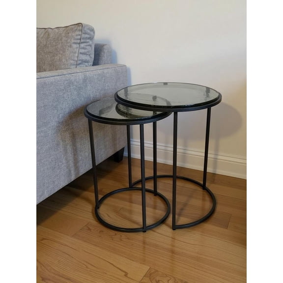 Set of Two Clear and Gunmetal Glass and Iron Round Frame Nested Tables