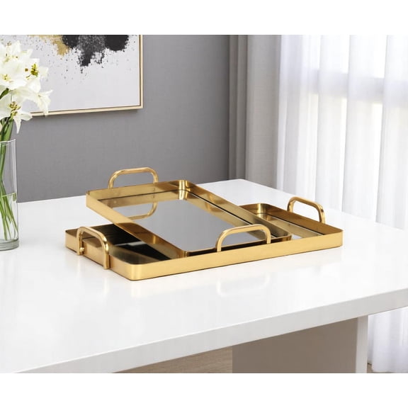 Set of Two Gold And Mirrored Glass Handmade Serving Trays