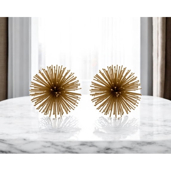 HomeRoots 568886 Gold Iron Decorative Spiky Sphere Tabletop Sculptures - Set of 2