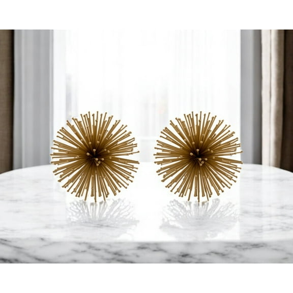 HomeRoots 568886 Gold Iron Decorative Spiky Sphere Tabletop Sculptures - Set of 2