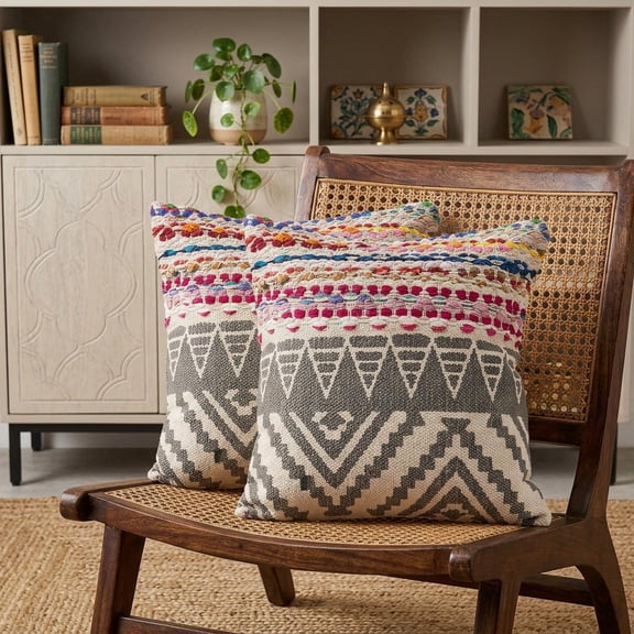 Set of Two Gray Chevron Cotton Throw Pillow
