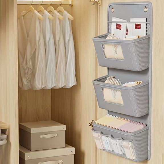 Set of Two Gray Wall Mounted Storage Organizers with Multi-Layer Fabric Pockets, Clear Windows and Hooks for Home and Office Use