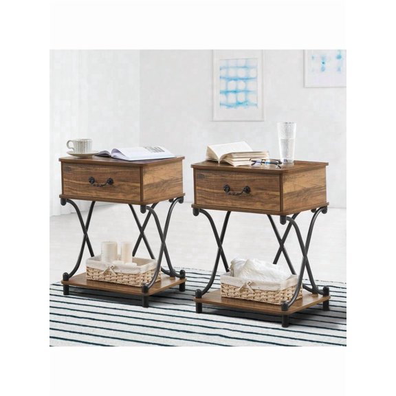 Set of Two Industrial Style Nightstands with X-Design Metal Frame and Drawer, Retro Side Tables for Bedroom and Living Room in White Finish